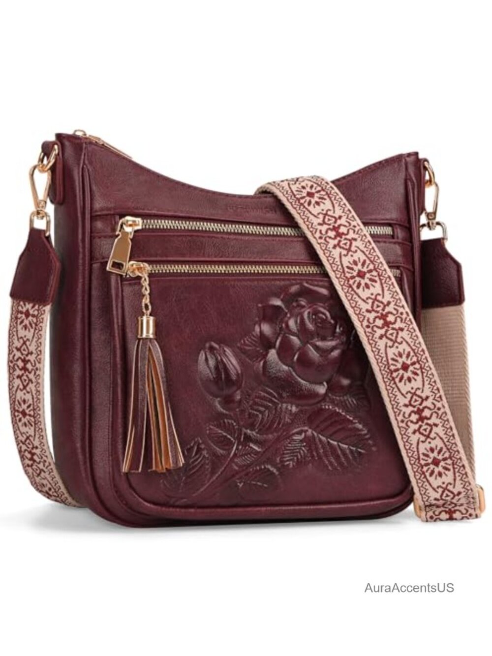 Vegan Leather Crossbody Bag Embossed Rose Floral Purse Boho Strap Women